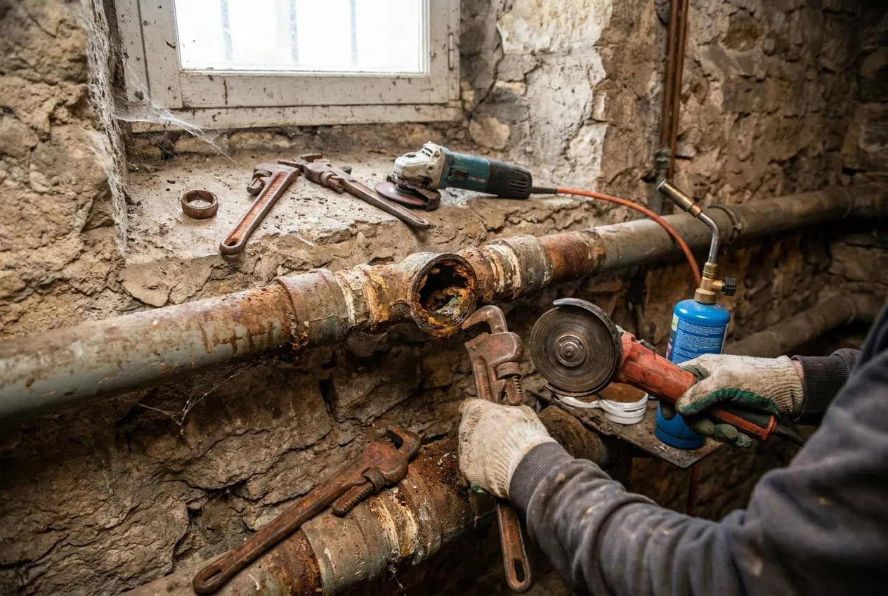 Canalisation ancienne corrodée dans la cave d'un pavillon en meulière à Houilles