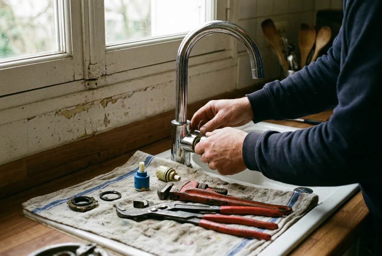 Mitigeur de cuisine qui goutte, cartouche à remplacer, dans une maison de Houilles